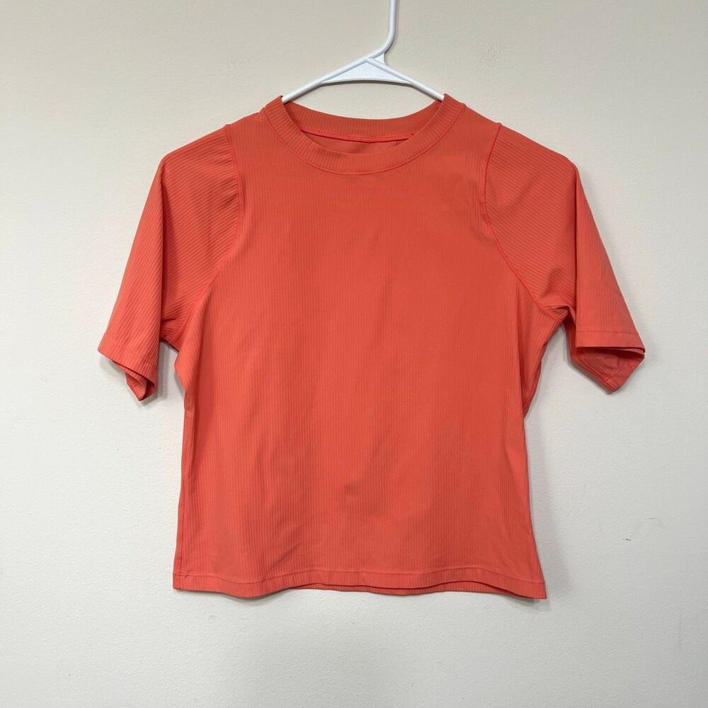 Nike Womens Zenvy Dri-Fit Crew Neck Ribbed Short Sleeve Active Top Orange Medium